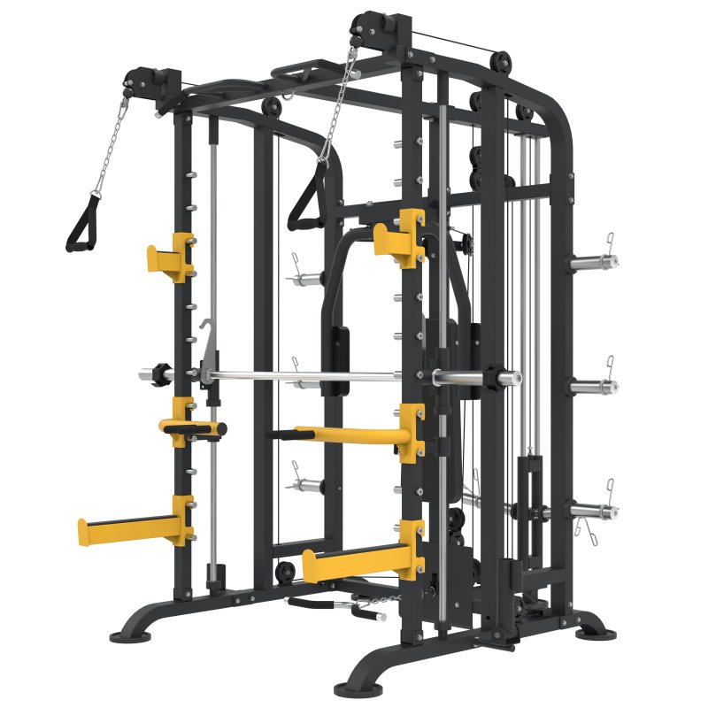 Strength frame-based Smith Machine with Upper and Lower Cable and with Built-in bar